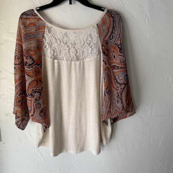 Boho‎ Peasant Top Womens Large Cream Paisley Print Lace Detail Flowy Blouse - Picture 9 of 9